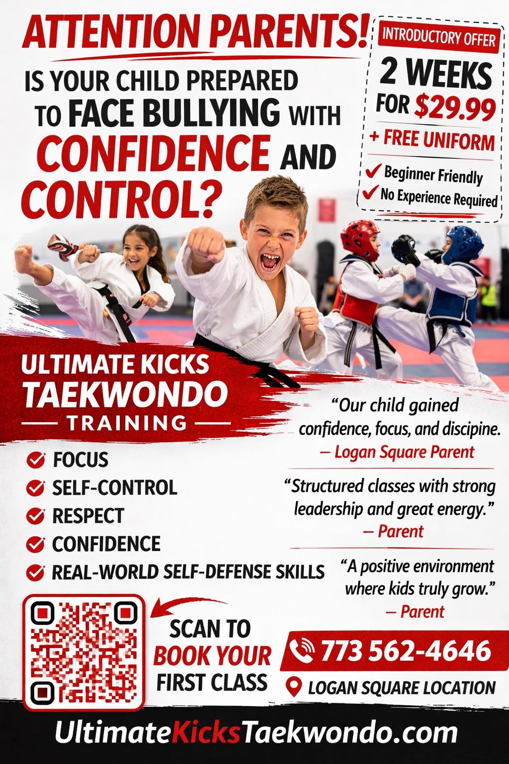 Ultimate Kicks Tae Kwon Do Facebook ad: Logan Square Parents, This One’s For You