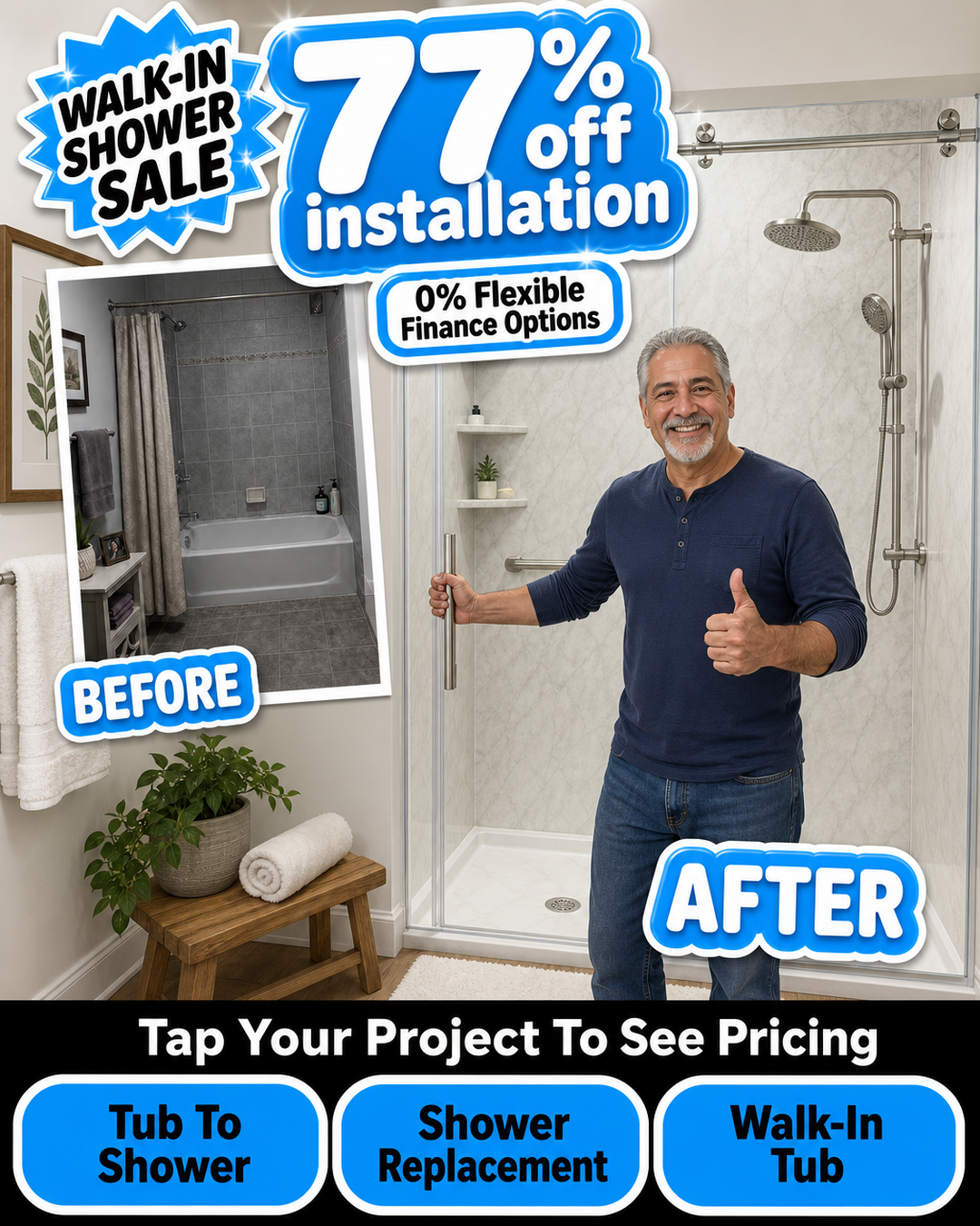 Five Star Bath Solutions Facebook ad: Save THOUSANDS On A New Shower