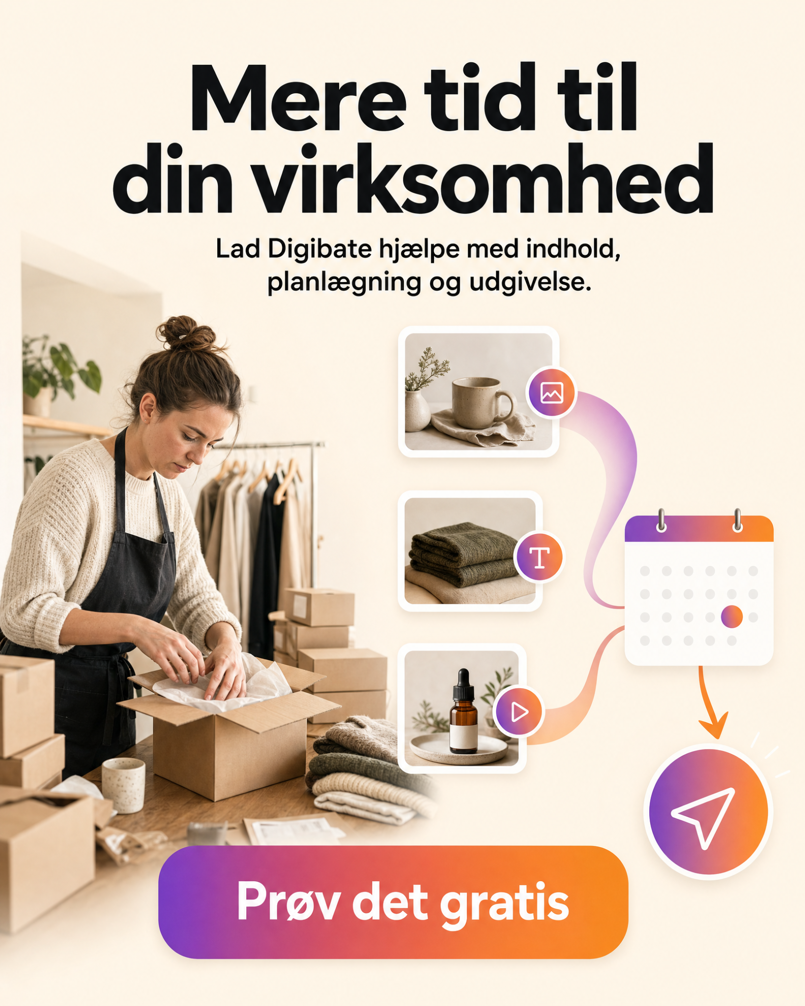 Digibate Facebook ad: Få flere salg med bedre content Prøv gratis i dag.