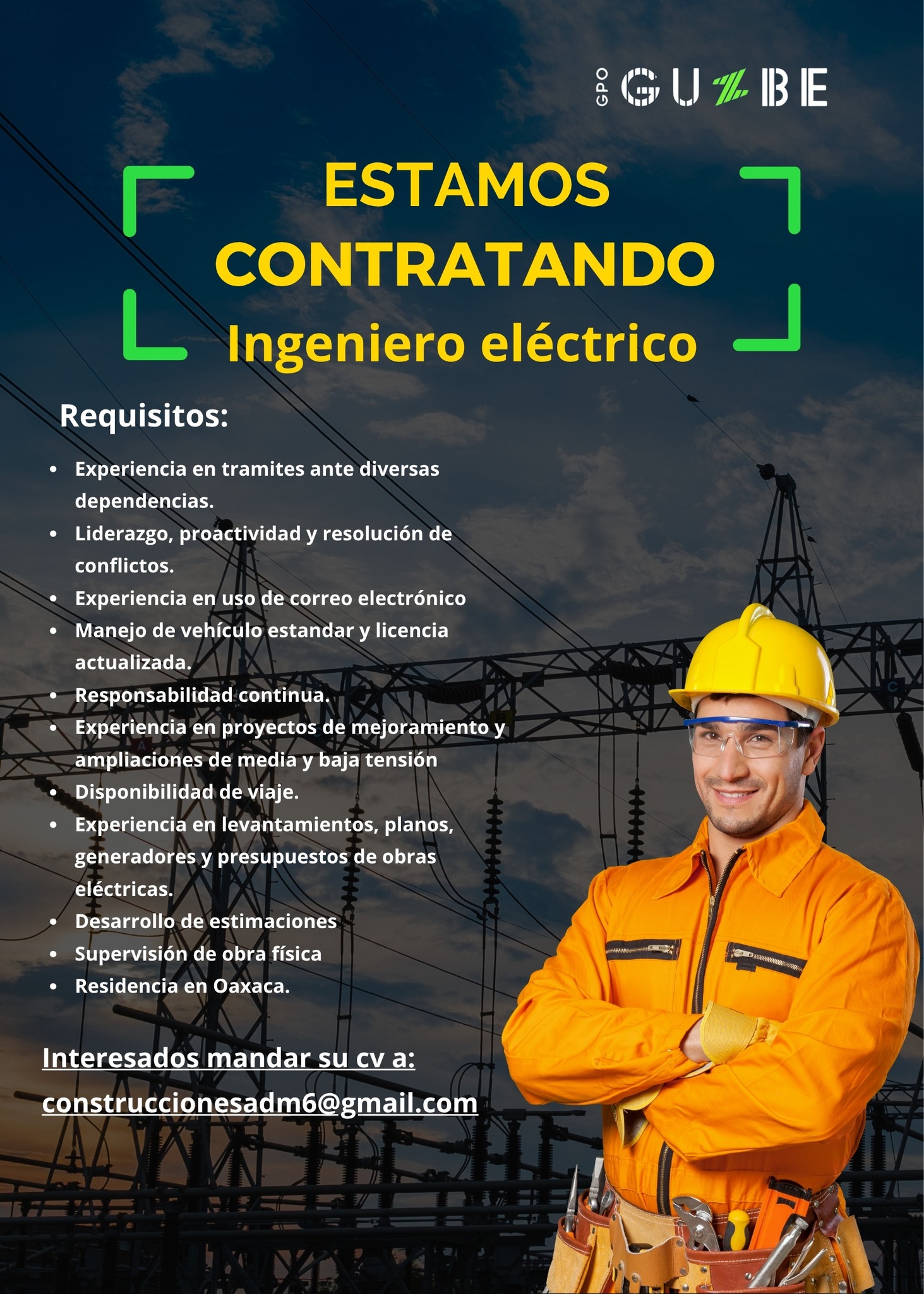 Construcciones Grupo Guzbe Facebook ad: VACANTE: INGENIERO ELÉCTRICO