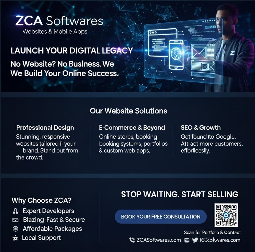 ZCA Softwares Facebook ad: No Website? No Business.