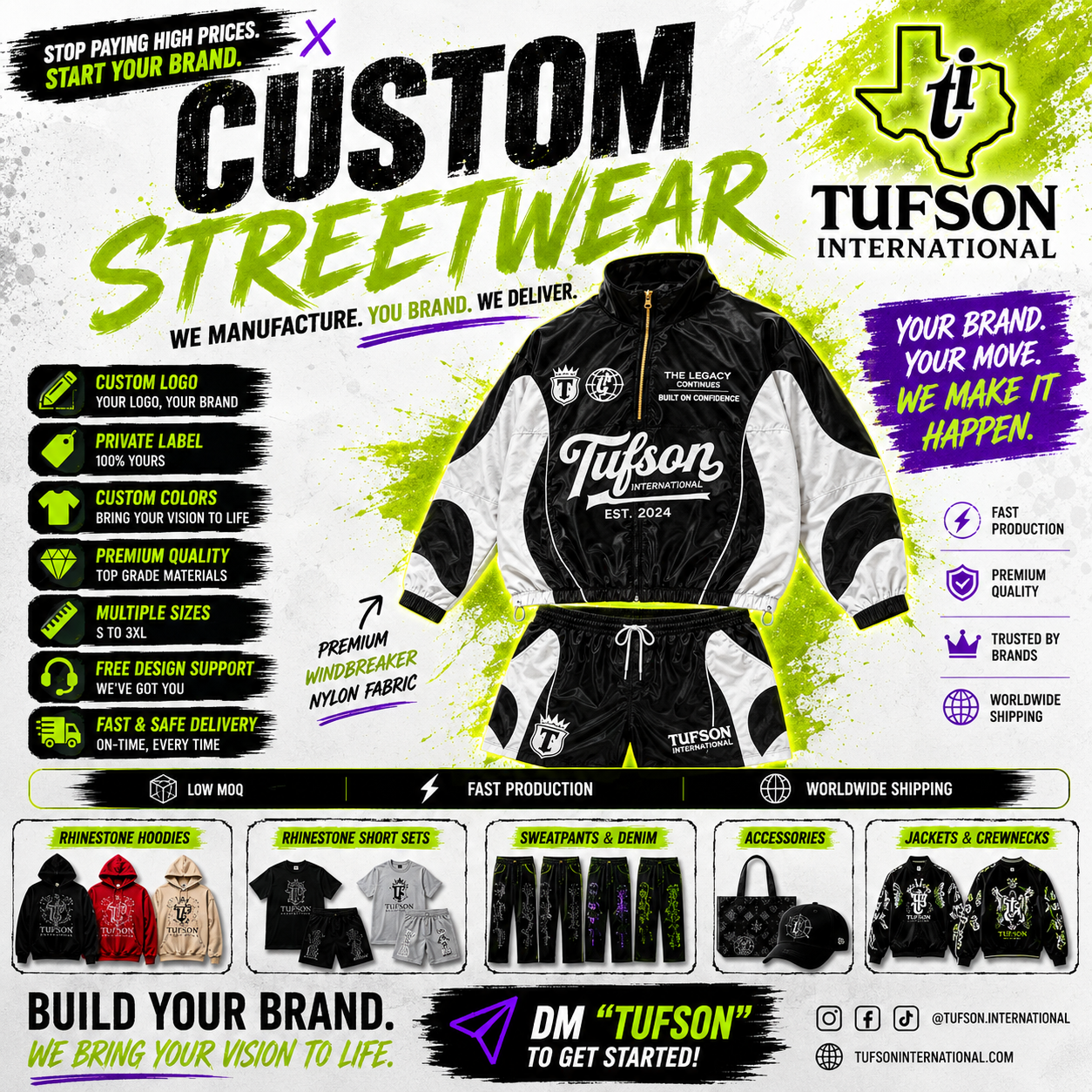 Tufson International Facebook ad: Rhinestone Collections Custom Streetwear Fast Production
