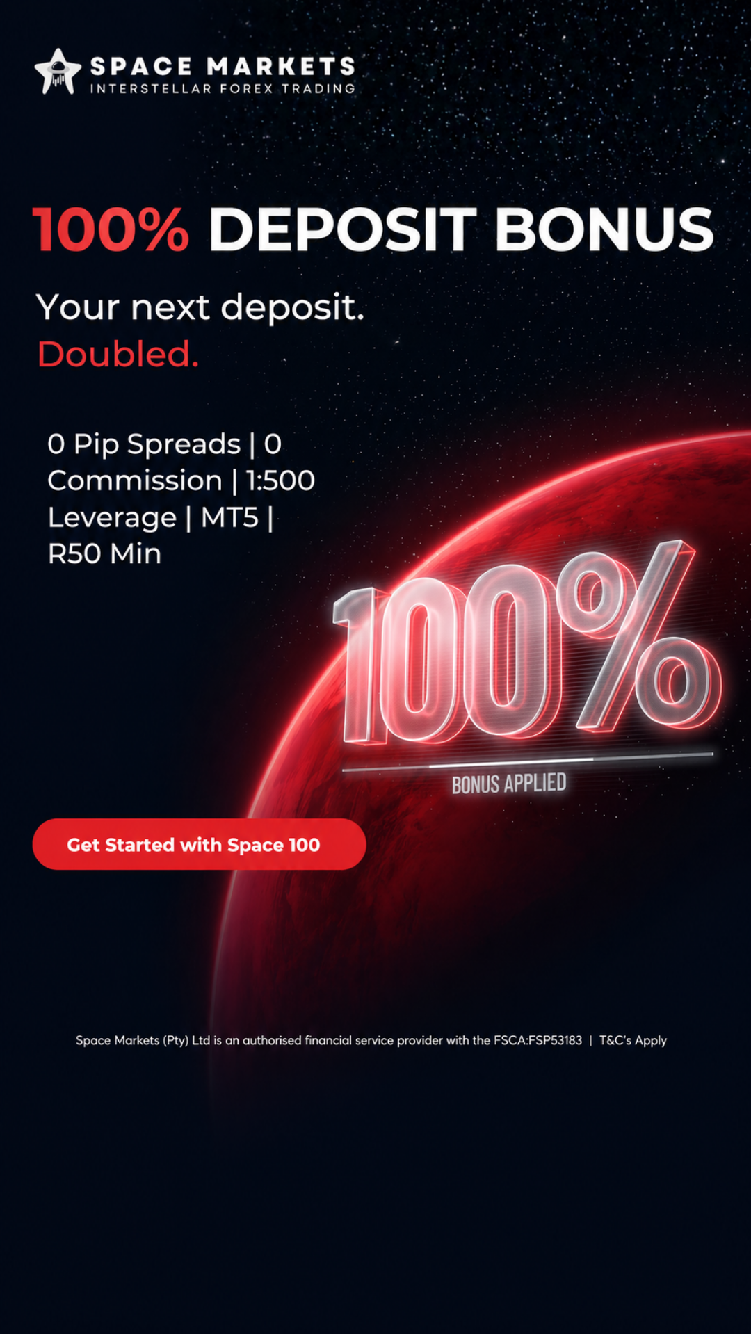 Space Markets Facebook ad: Start with R50 and Get a 100% Bonus