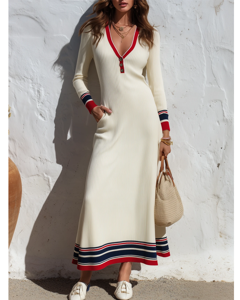 LuneMuse Facebook ad: Retro Sporty Casual Color-blocked Striped V-neck Knit Maxi…