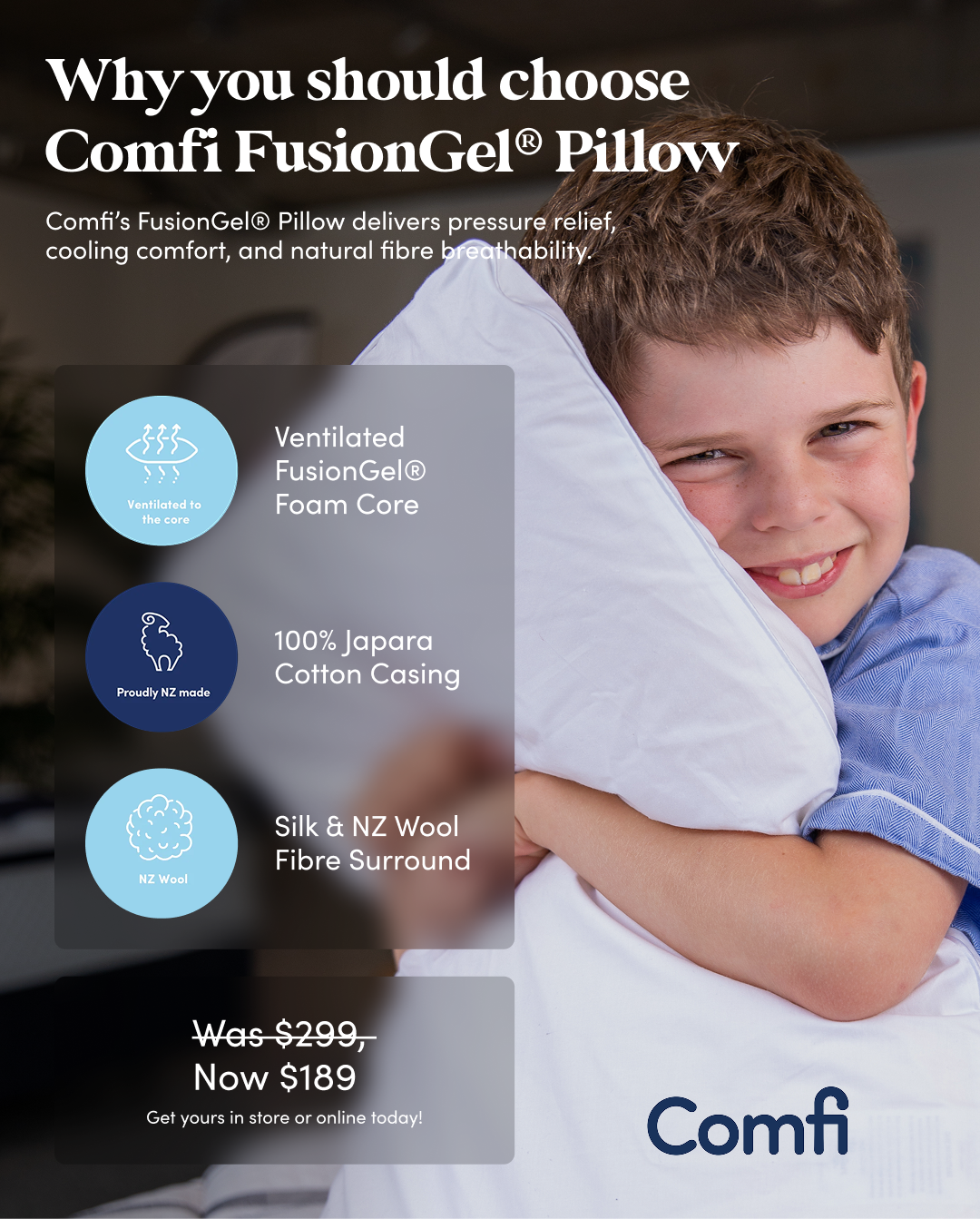 Comfi Facebook ad: Wool Silk Fusion Gel Pillow