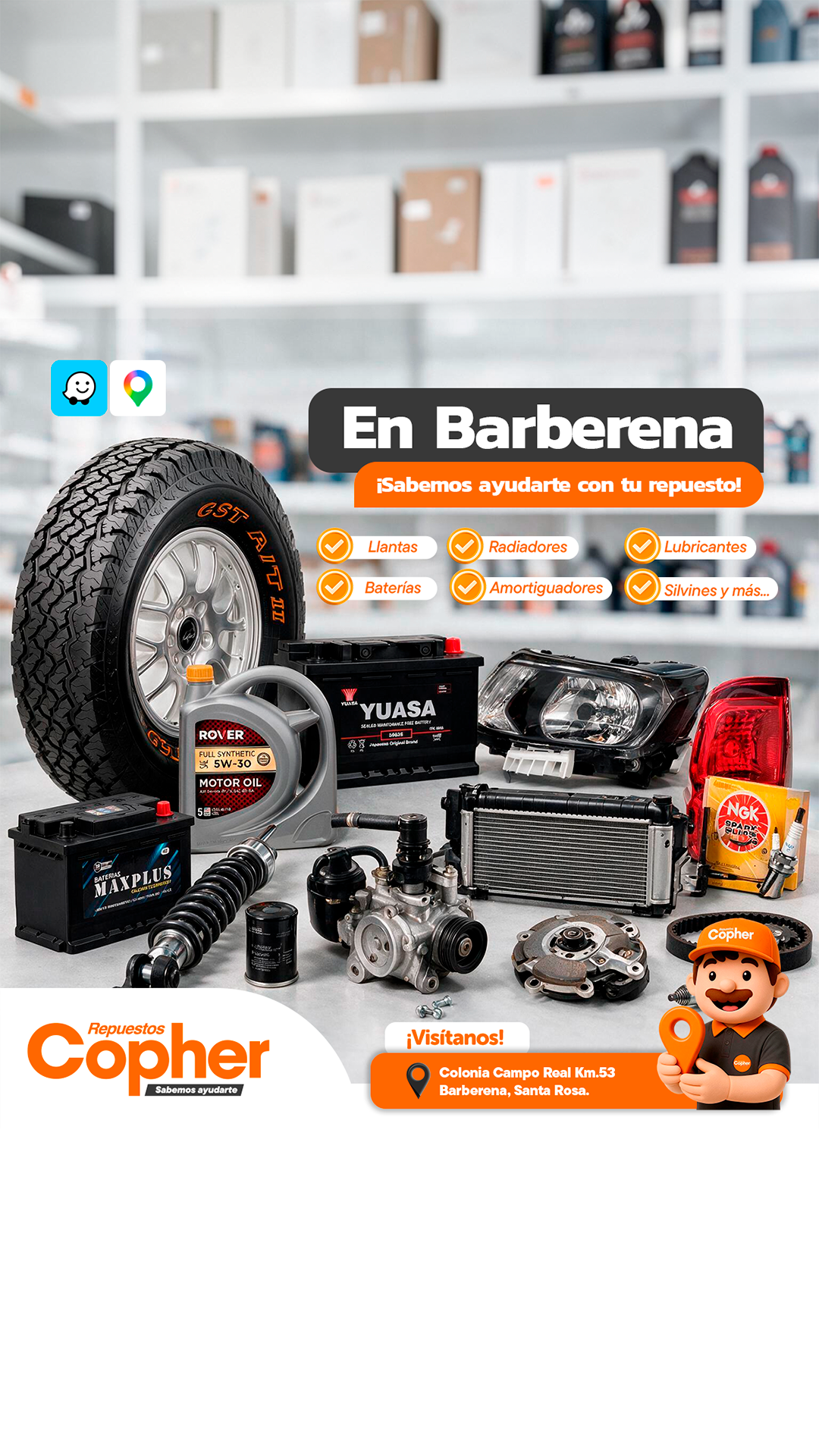 Repuestos Copher Facebook ad: Visita Copher Barberena