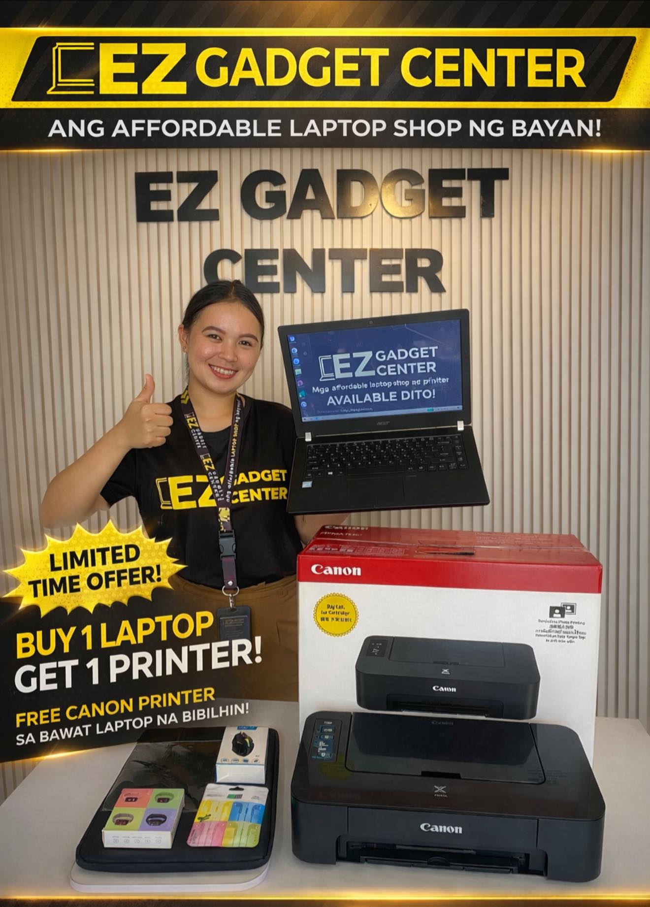 EZ Gadget Center- San Jose City Branch Facebook ad: BUY 1 LAPTOP, GET 1 FREE PRINTER
