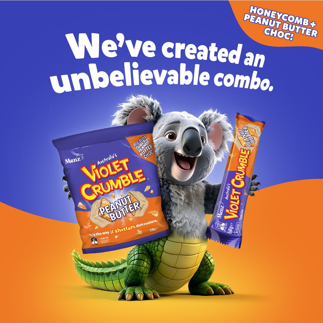 Violet Crumble Facebook ad: BOOM. Our iconic honeycomb just collided with peanut…