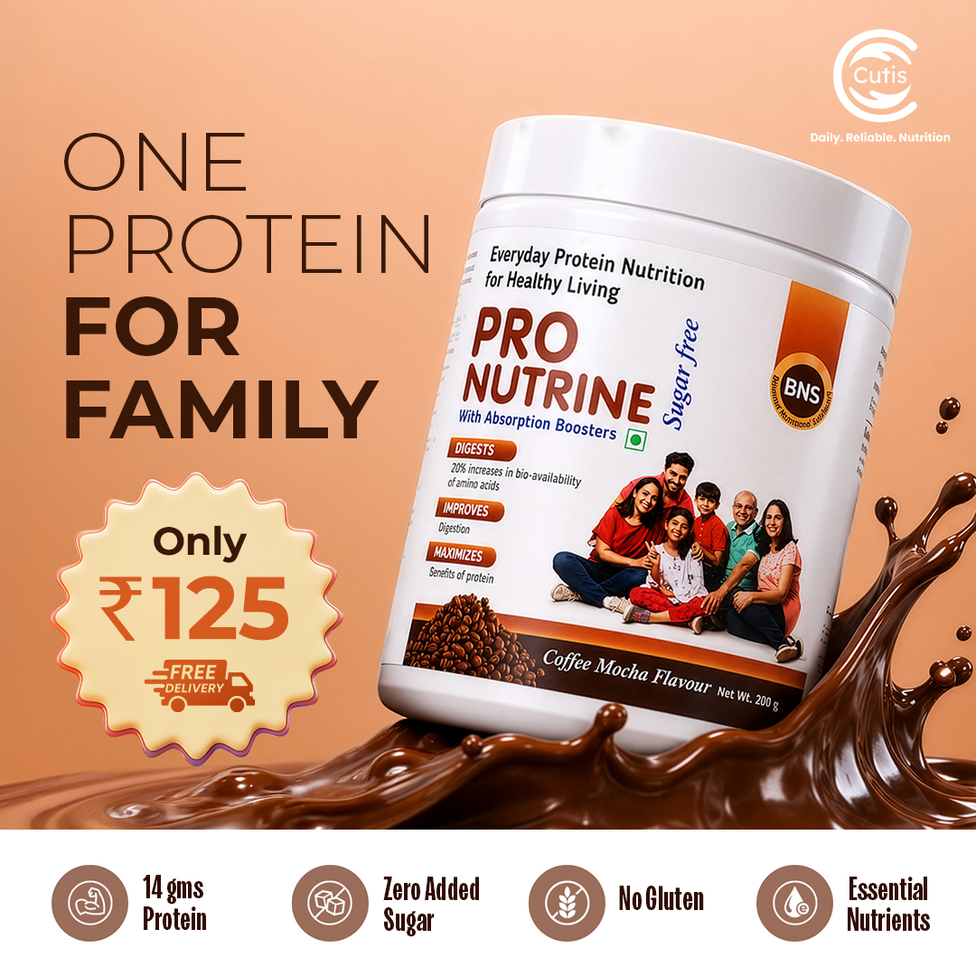 Cutis Consumer Pvt. Ltd. Facebook ad: Pro Nutrine Family Protein Powder at ₹125 Only | 14g…