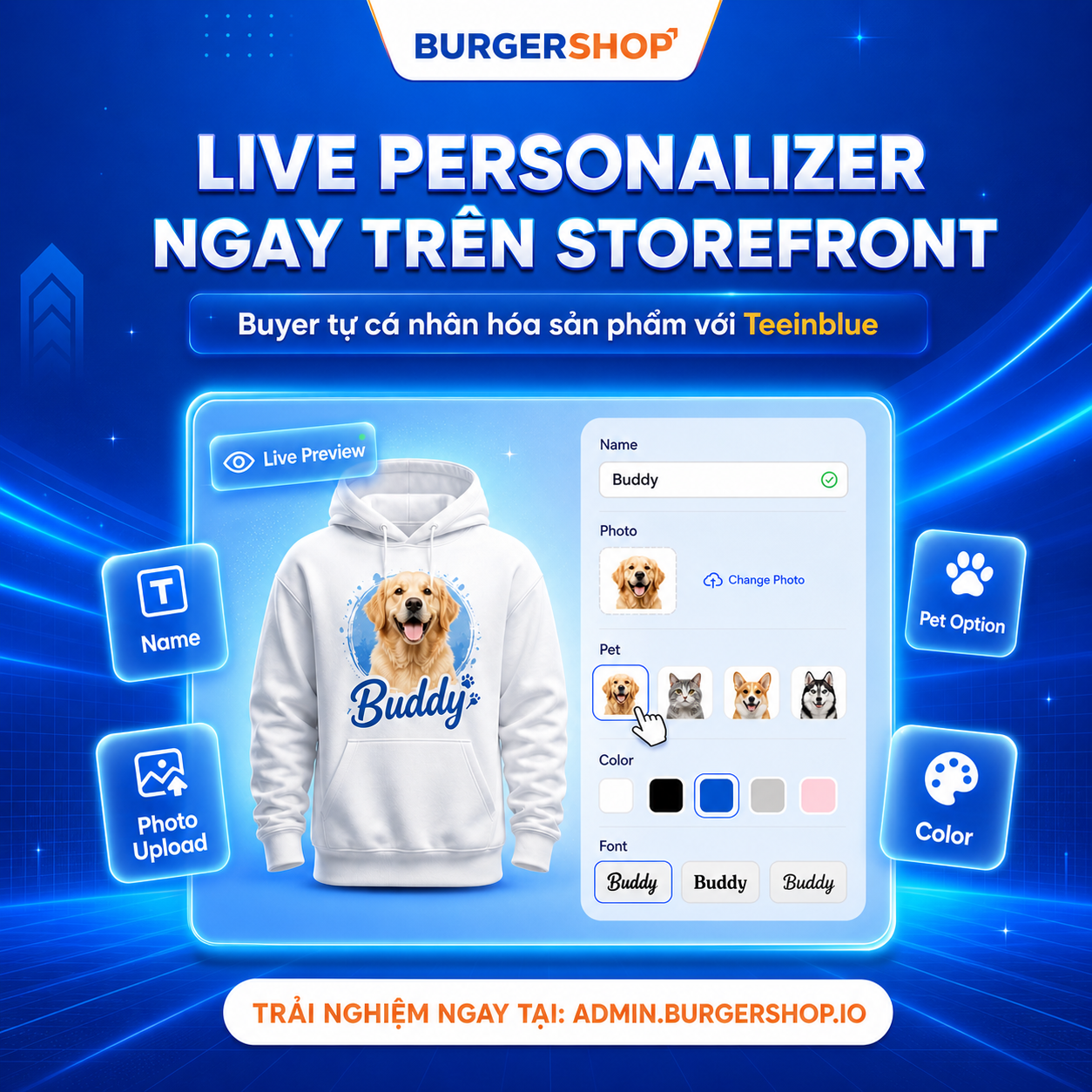 BurgerShop - GMC Standard Store Builder Facebook ad: Live preview cho POD Personalized