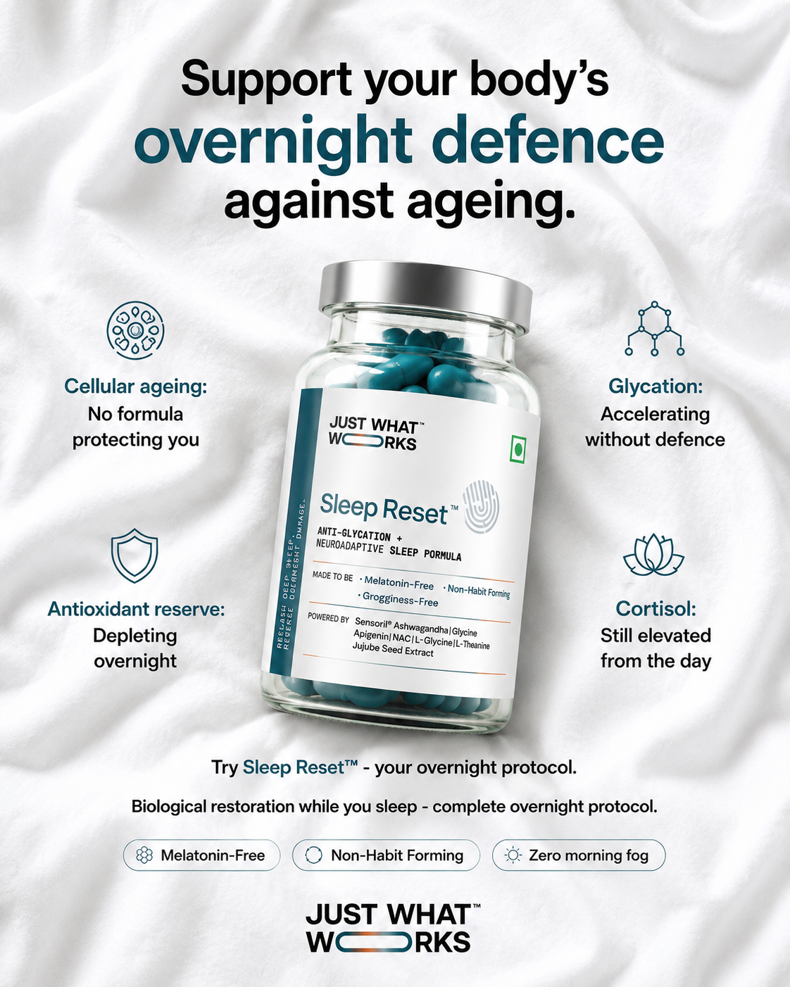 Just What Works Facebook ad: Sleep Better. Wake Up Recharged.