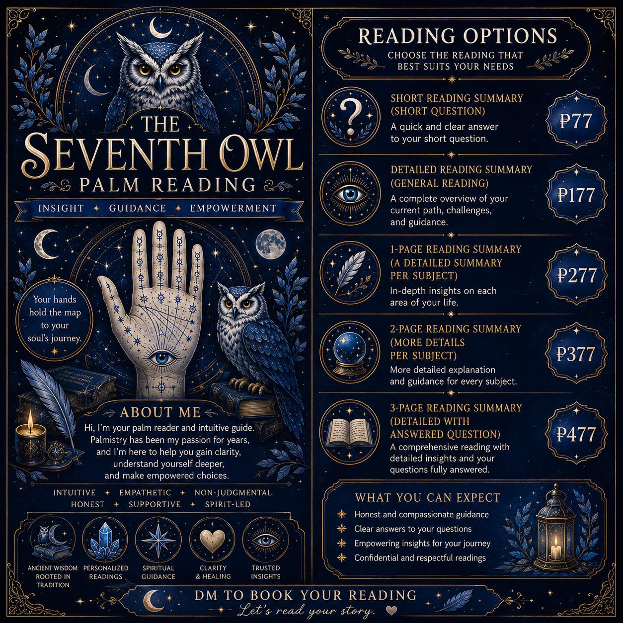 The Seventh Owl Facebook ad: THE SEVENTH OWL PALM READING