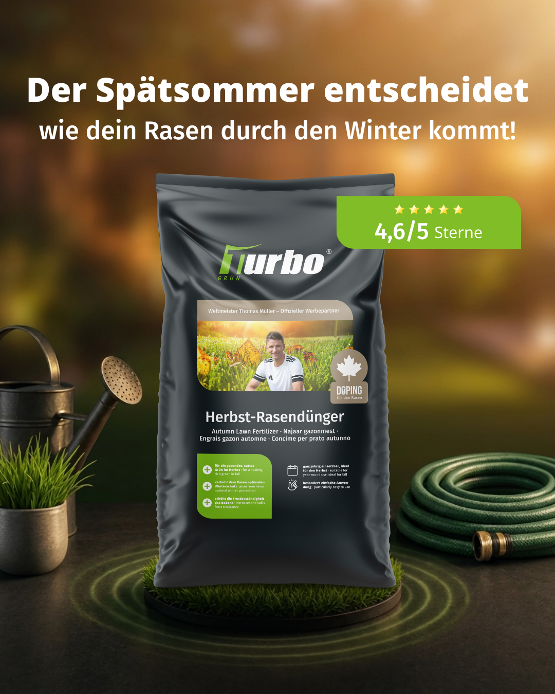 Turbogrün Facebook ad: Rasen nach dem Sommer retten