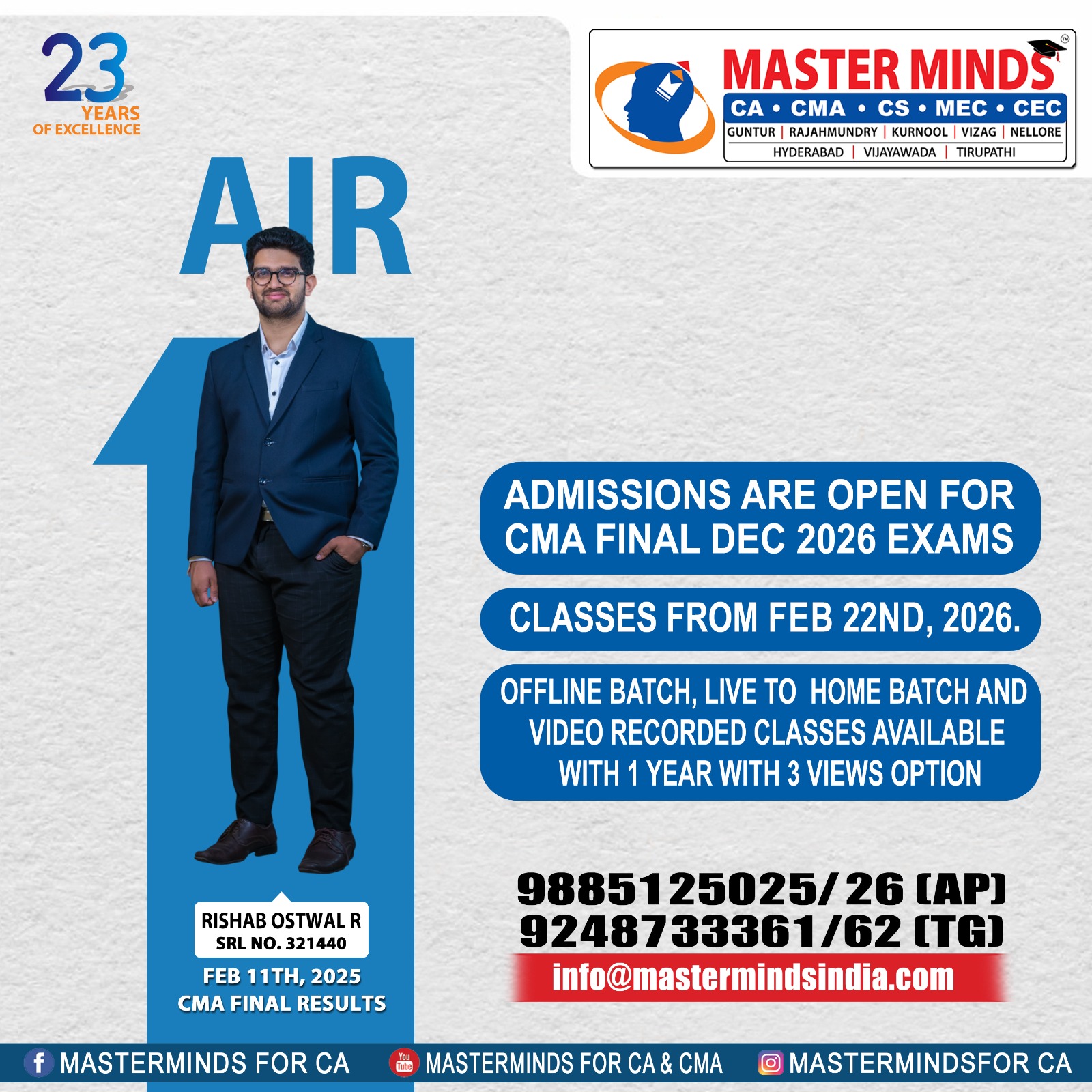 MASTERMINDS For CA Facebook ad: Best CMA Final Coaching - MASTERMINDS, Guntur. A.P. India.