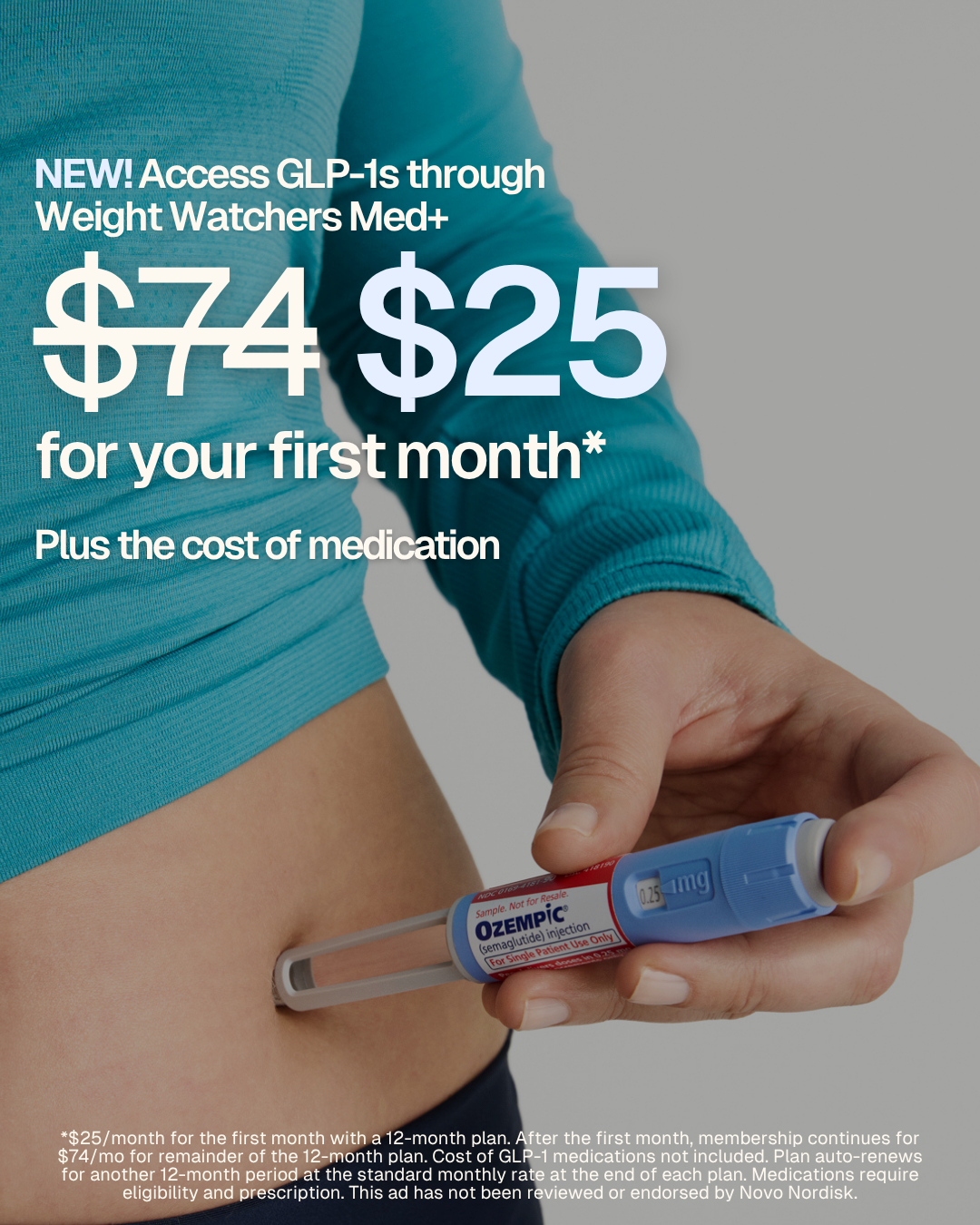 WeightWatchers Facebook ad: Start for as low as $25, plus med cost.*