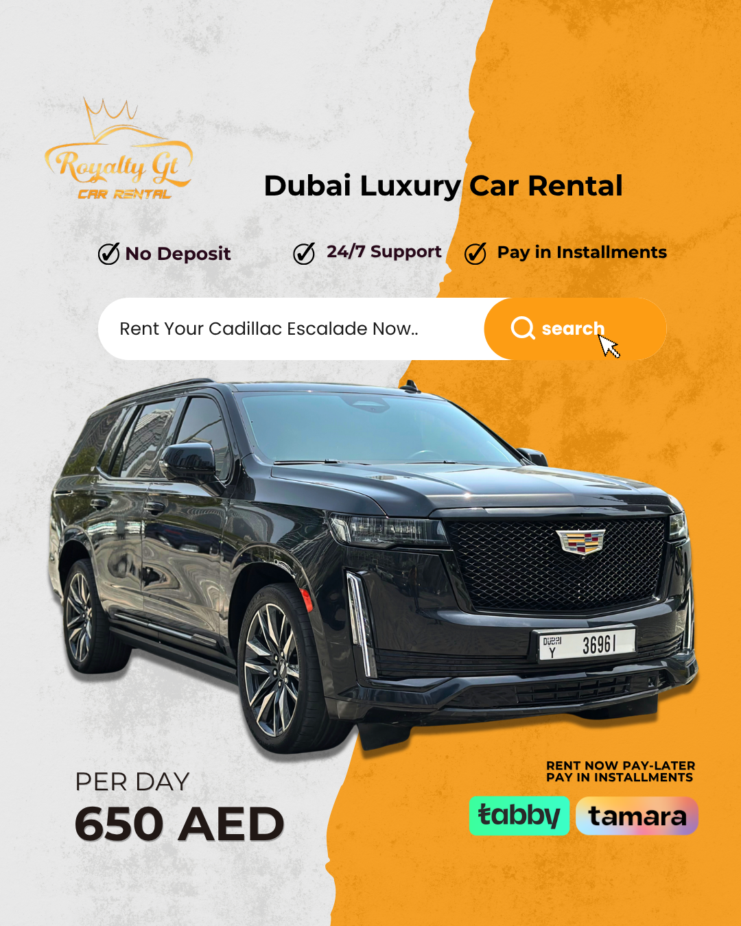 Royalty GT Car Rental Facebook ad: No Deposit