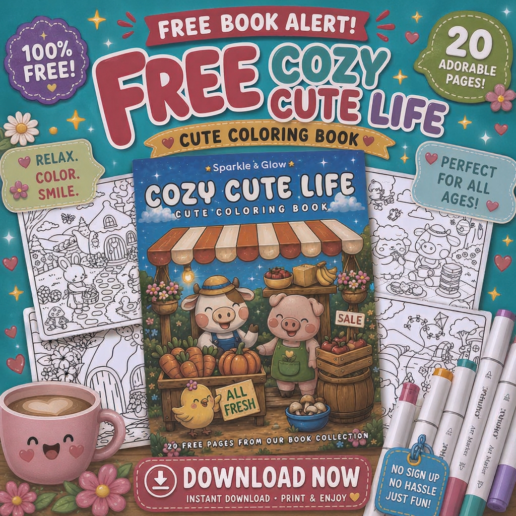 sparkleandglow.co Facebook ad: FREE Cozy Coloring Book, 20 Cute Designs