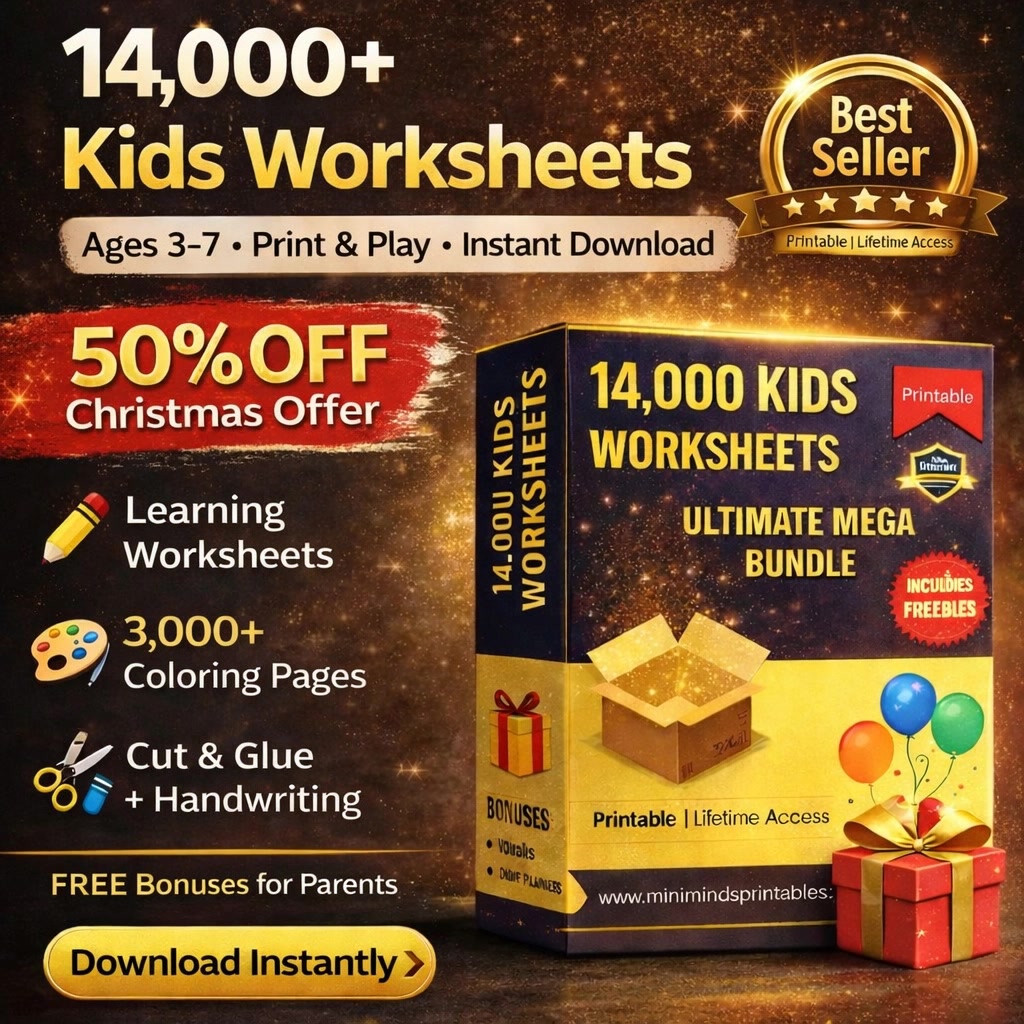 MiniMinds Printables Facebook ad: Today Only @299 14,000+ Printable Worksheets for Kids Now…