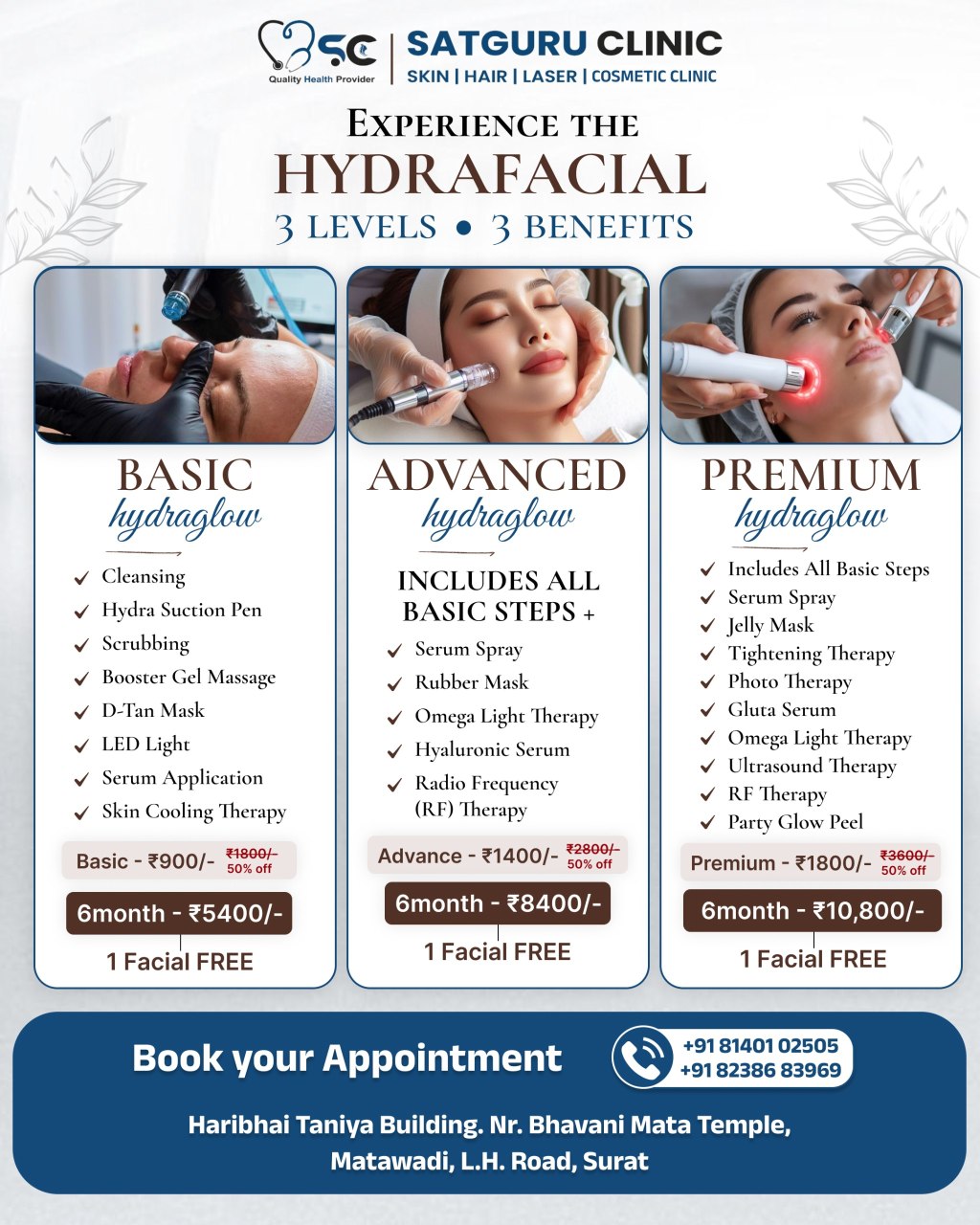 Satguru skin hair and laser clinic Facebook ad: Get Glowing Skin at 50% OFF