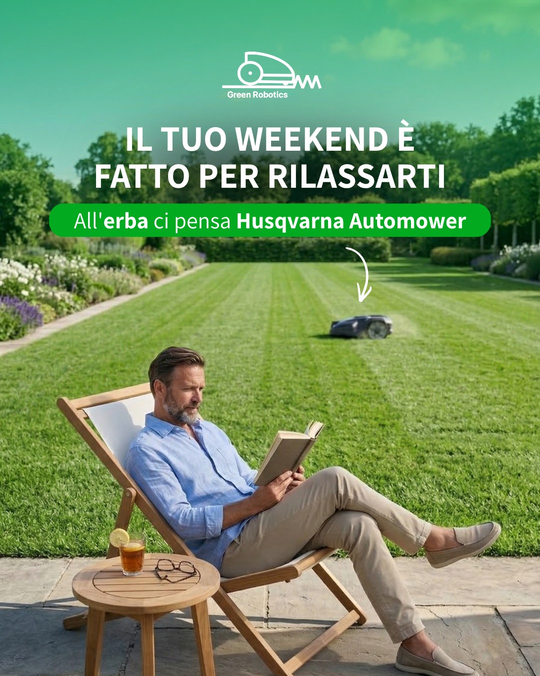 Green Robotics Facebook ad: Smetti di sudare dietro al vecchio tagliaerba e…