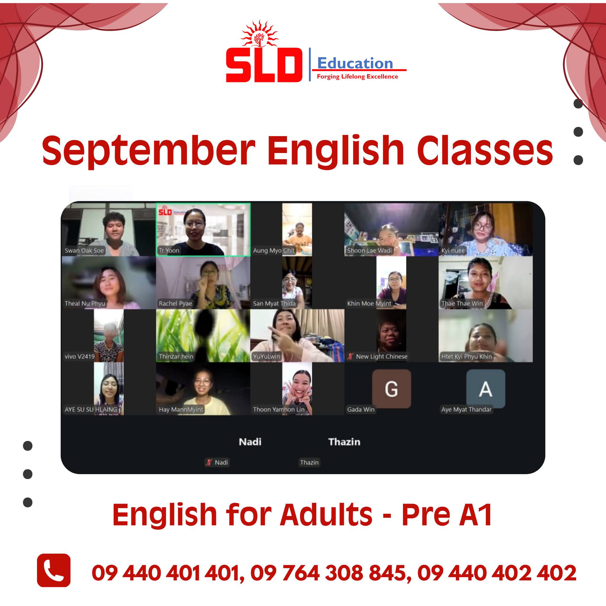 SLD English Language Center Facebook ad: SLD ရဲ့ September Intake Online အတန်းလေးတွေနဲ့အတူ…