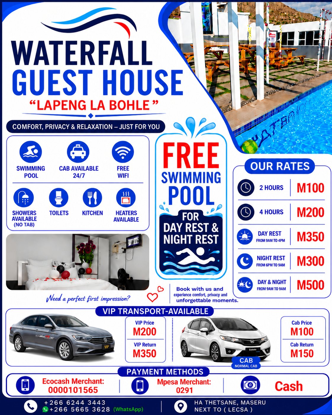 WaterFall Guest House Facebook ad: Rea o amohela WATERFALL GUEST HOUSE.