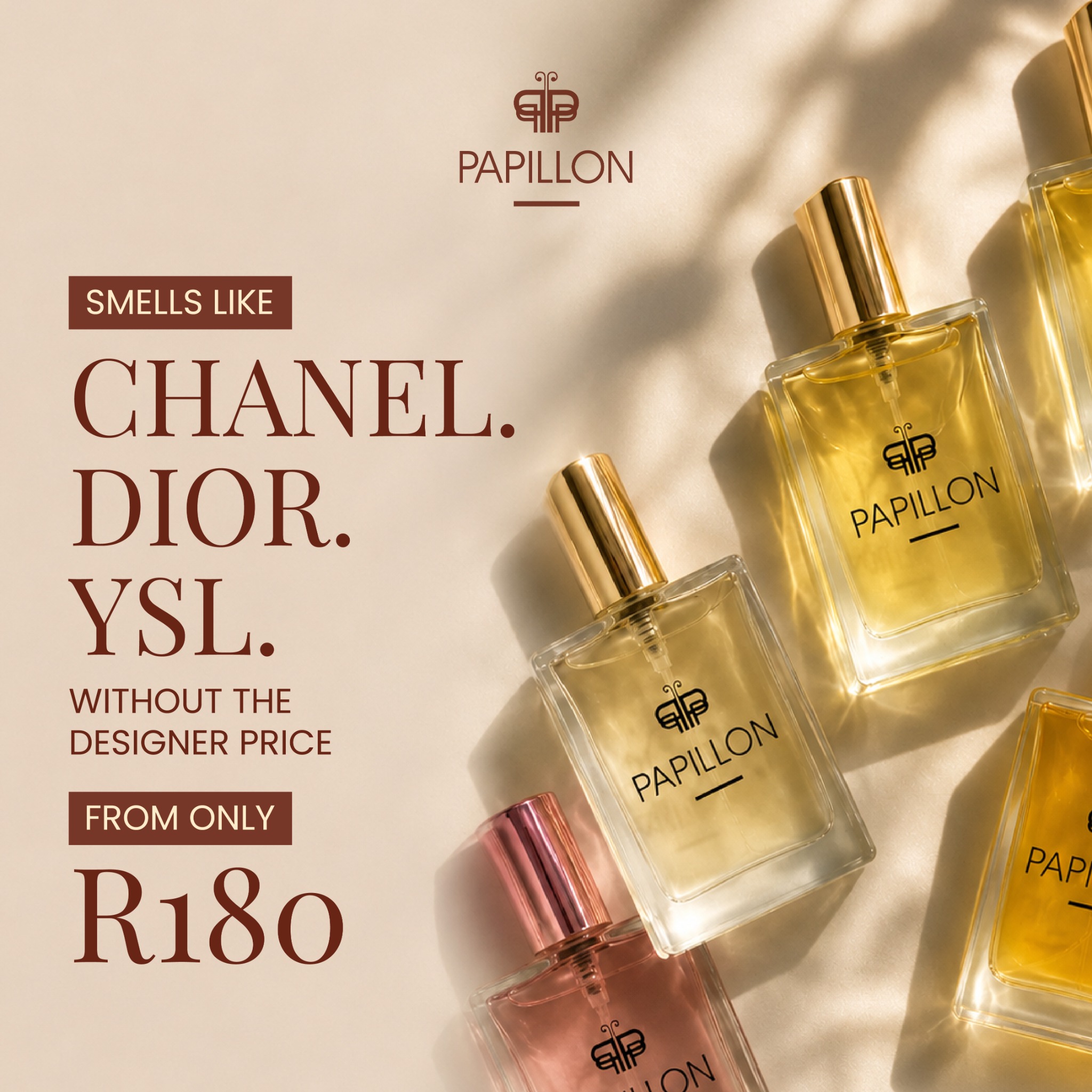 Papillon Perfume Facebook ad: Smell designer. Spend smarter.