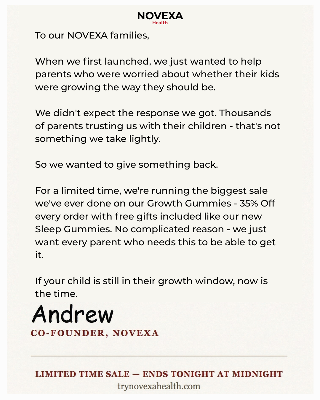 Novexa Facebook ad: 35% OFF SALE ENDS AT MIDNIGHT