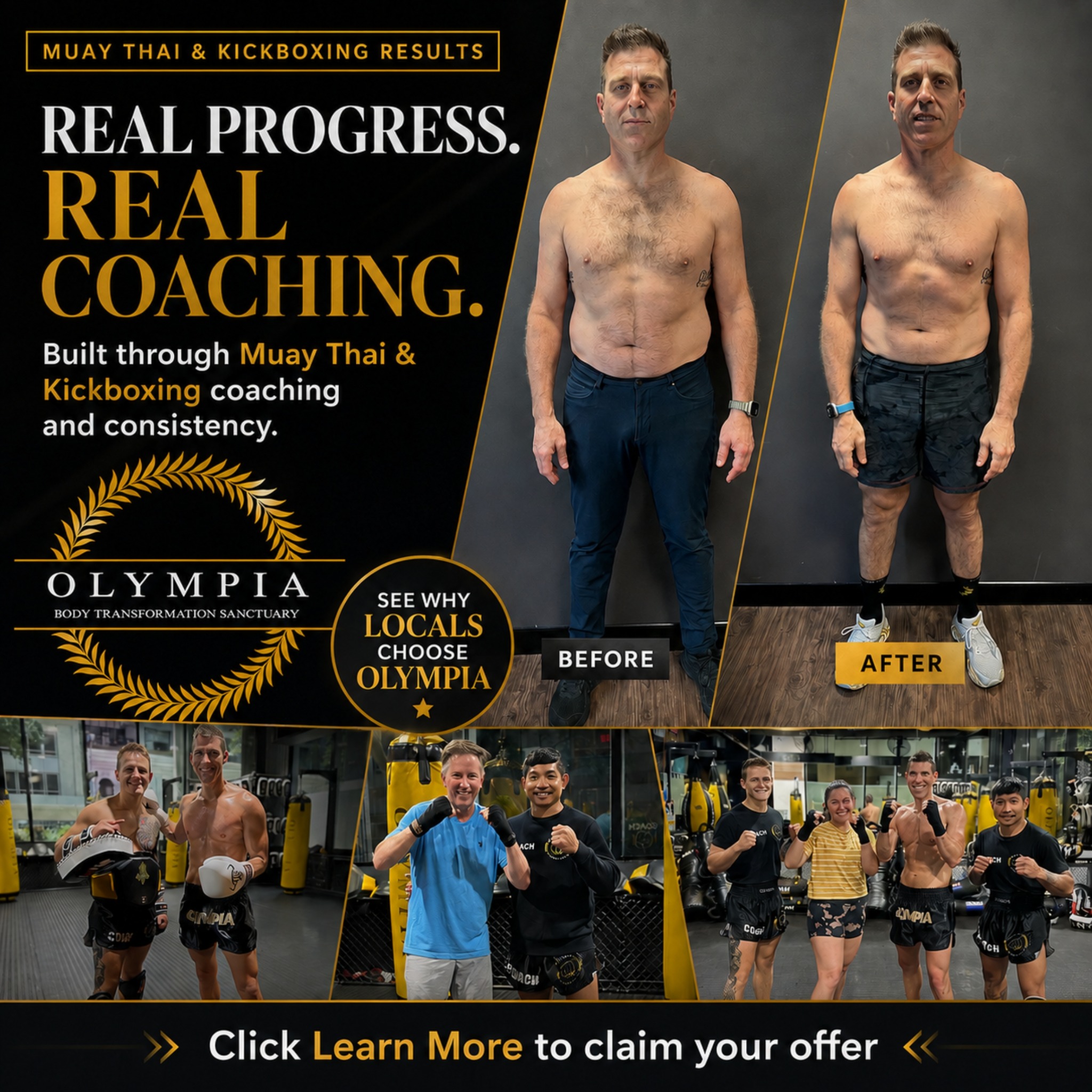 Olympia Transformations - Brisbane CBD Facebook ad: Train Free For 7 Days - Muay Thai Brisbane CBD.