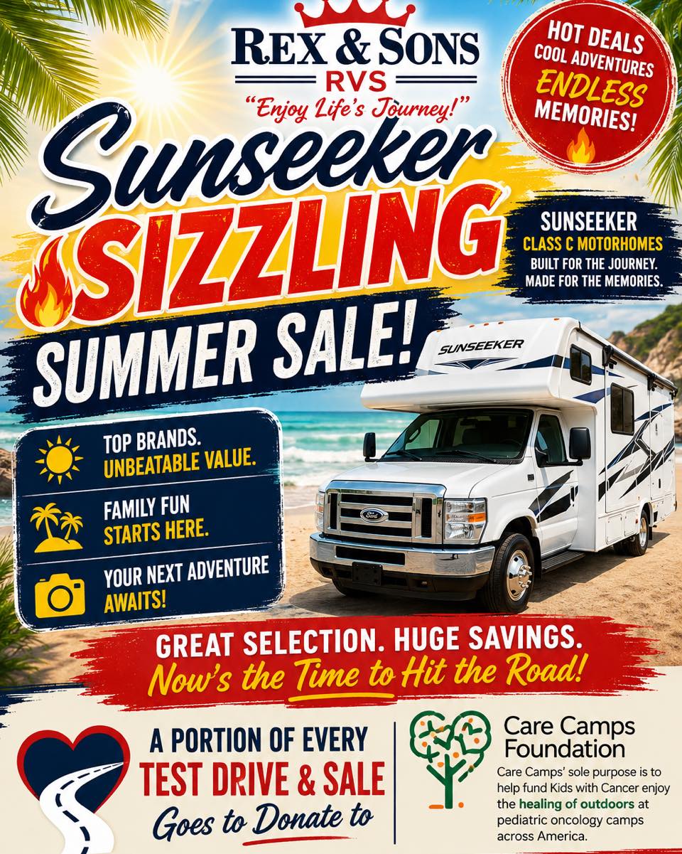 Rex and Sons RVs Facebook ad: SUNSEEKER SIZZLING SUMMER SALE!