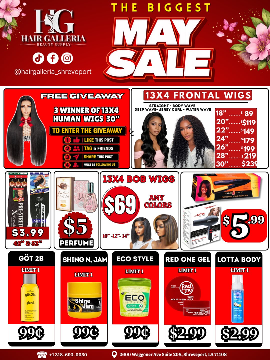 Hair galleria Facebook ad: THE BIGGEST MAY SALE NOW HAPPENING AT HAIR…