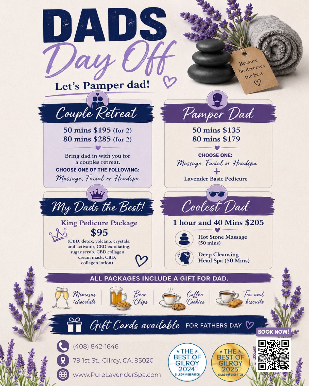 Pure Lavender Day Spa Facebook ad: DAD TAKES CARE OF EVERYONE.