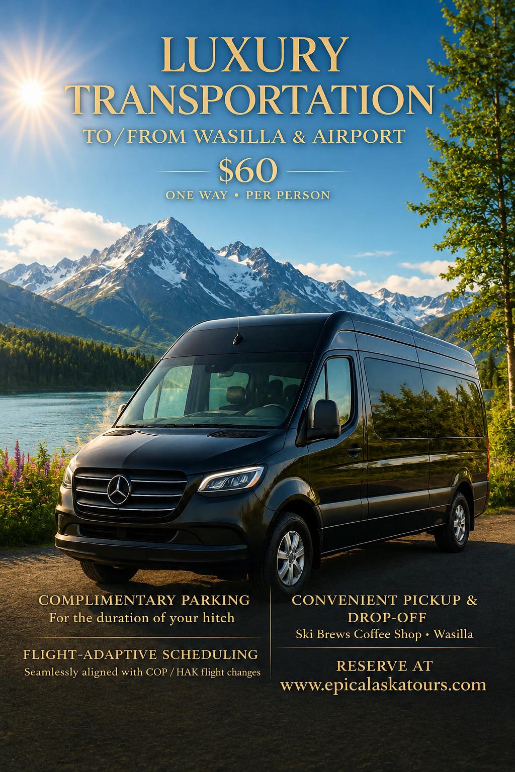 Epic Alaska Tours Facebook ad: Luxury Airport Shuttle, $60 pp