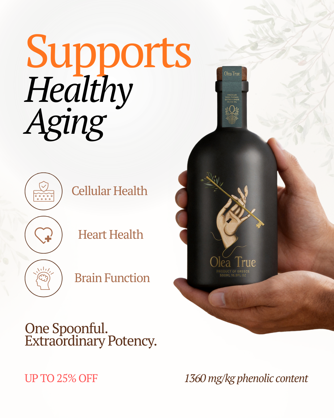 Olea True Facebook ad: Beyond Extra Virgin. Measured.