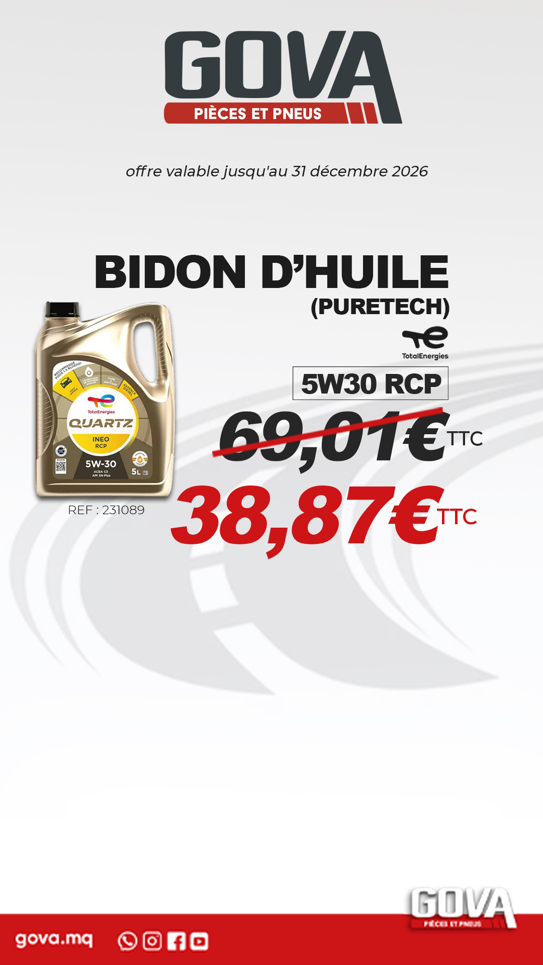 Gova Martinique Facebook ad: Prix barrés chez GOVA! Embrayage, filtres, huile…