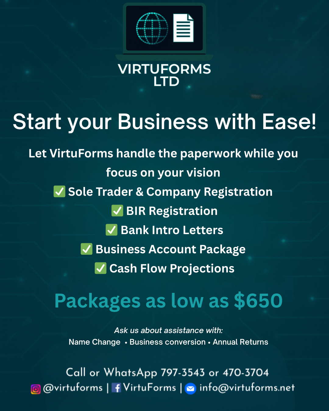 VirtuForms Facebook ad: Start Your Business with VirtuForms!