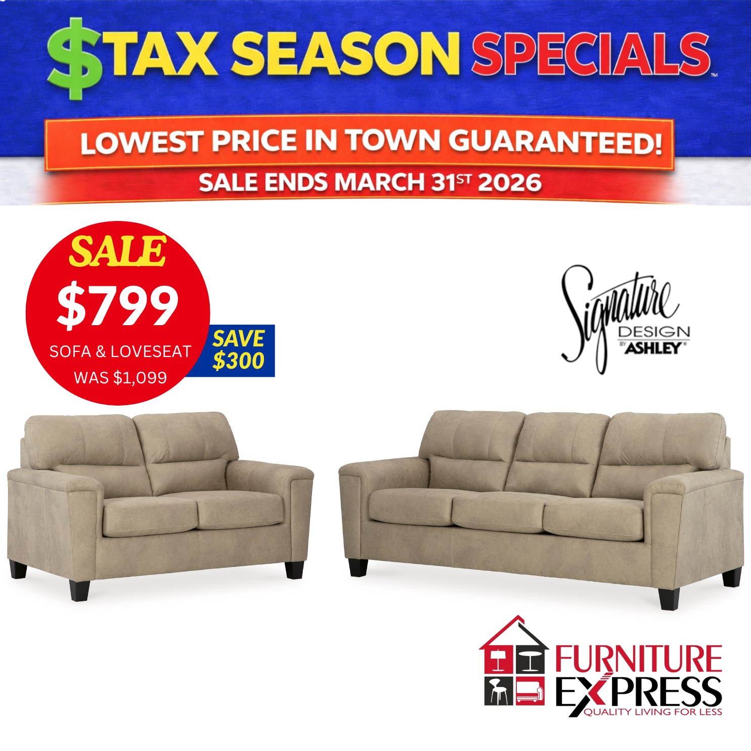 Furniture Express Facebook ad: TAX SEASON SPECIALS ARE HERE!