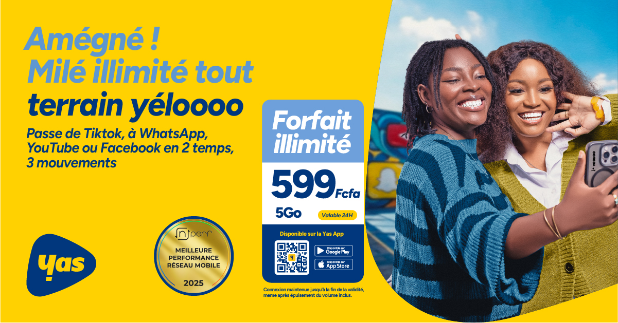 Yas Togo Facebook ad: 5 Go pour ta journée connectée en illimité.