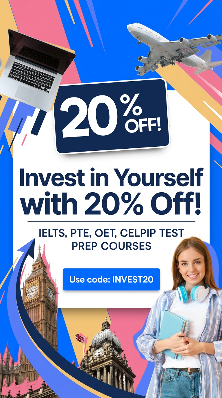 E2Language Facebook ad: Save 20% on all IELTS, PTE, OET, and CELPIP study packages