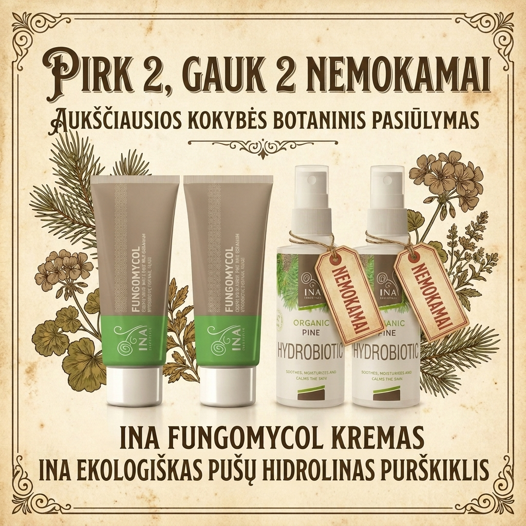 Šeimos Organinė Kosmetika - InaEssentials.lt Facebook ad: Pirk 2 kremus Fungomycol, gauk 2 pušų vandenis dovanų