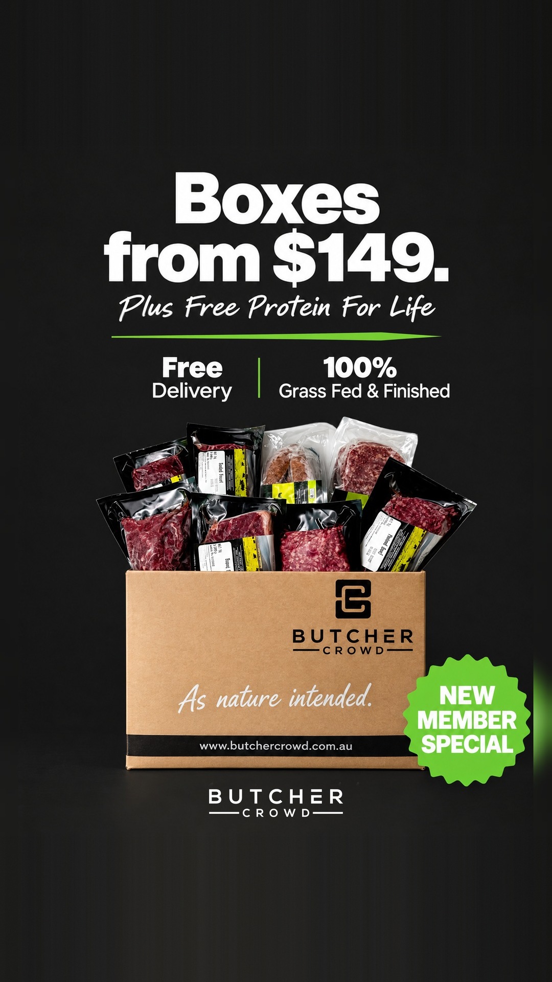 ButcherCrowd Facebook ad: 100% grass-fed & finished. Boxes from $149.