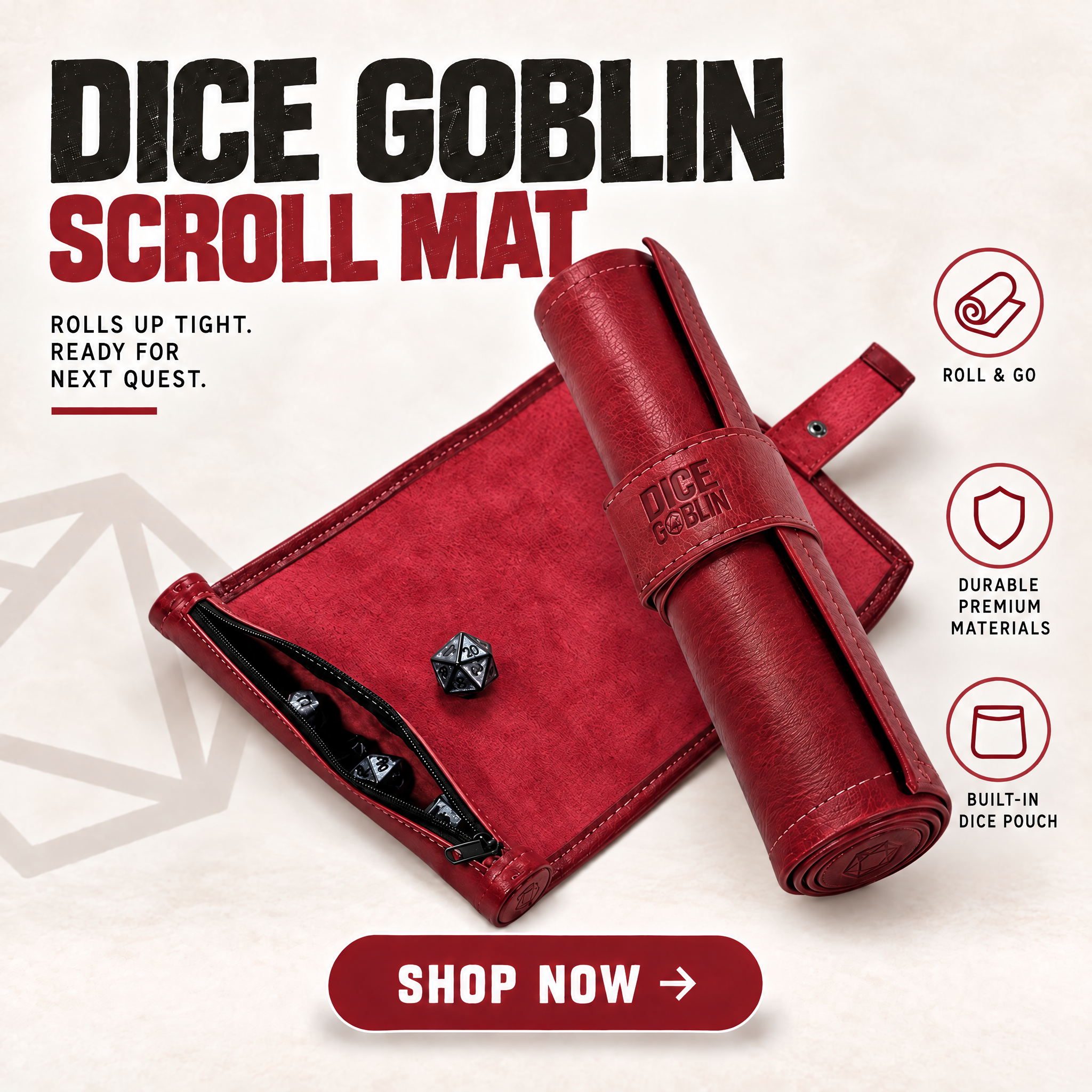 Forged Dice Company Facebook ad: Roll & Go: The Ultimate Dice Scroll Mat