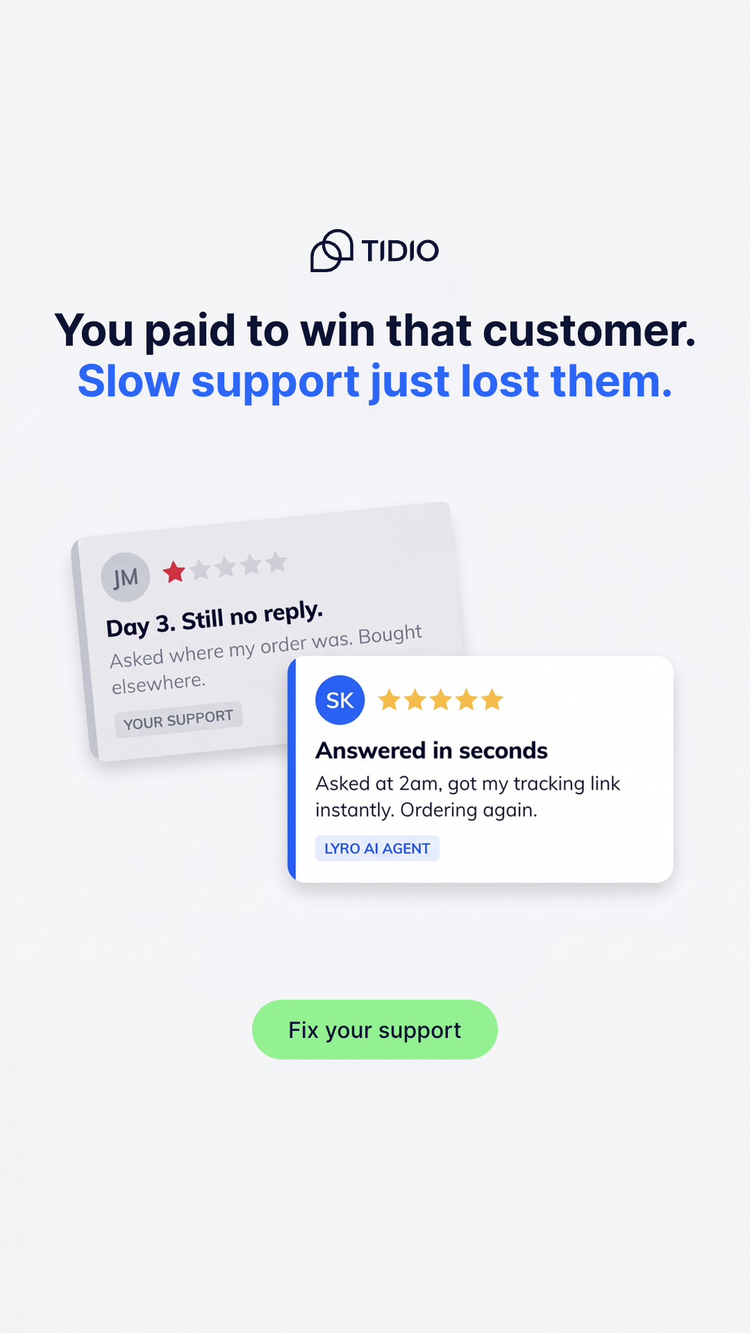 Tidio Facebook ad: Keep the customers you paid to win