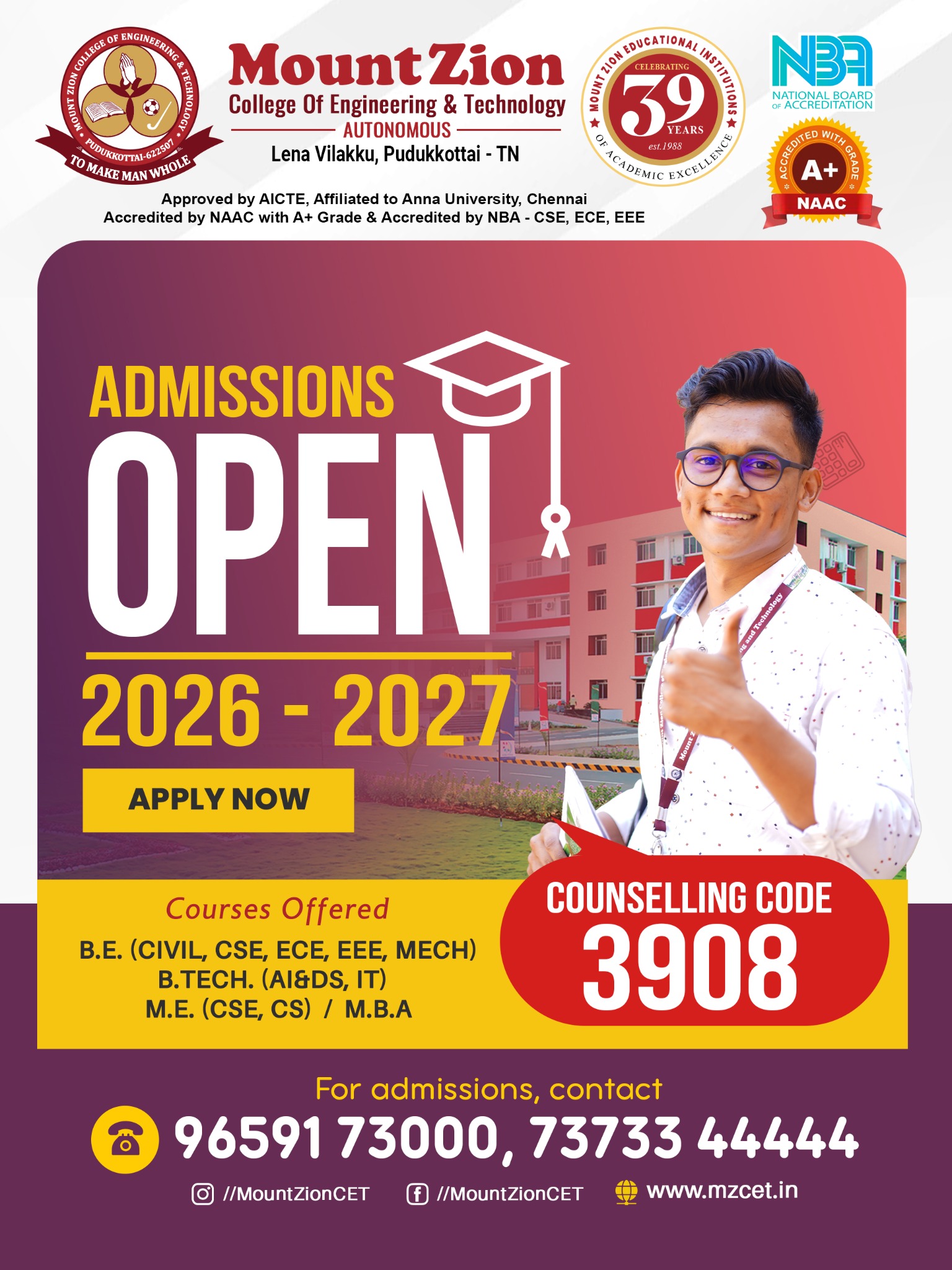Mount Zion College of Engineering & Technology Facebook ad: Admissions for the Academic Year 2026-27 are in…