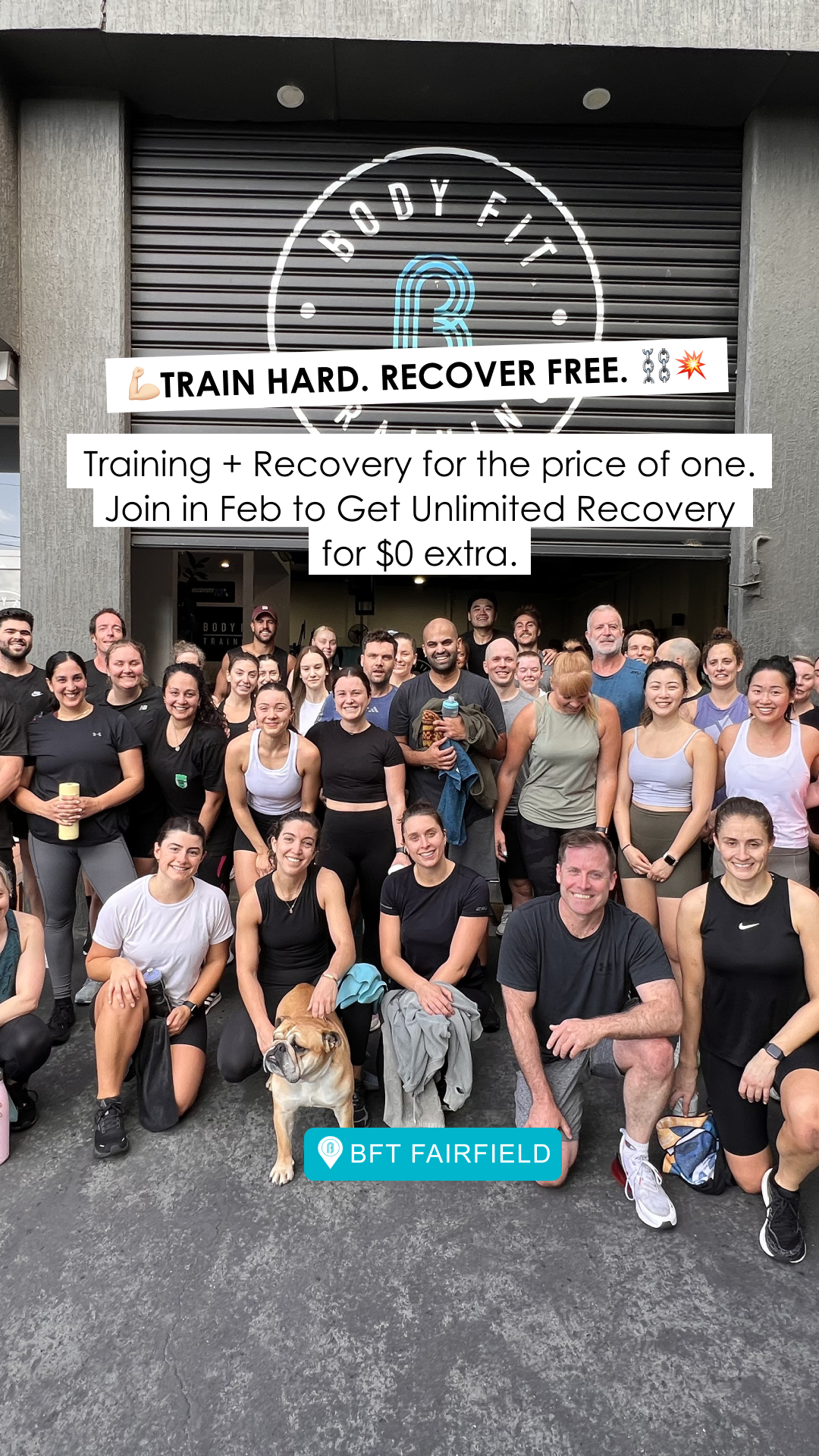 BFT Fairfield Facebook ad: TRAIN HARD. RECOVER FREE.