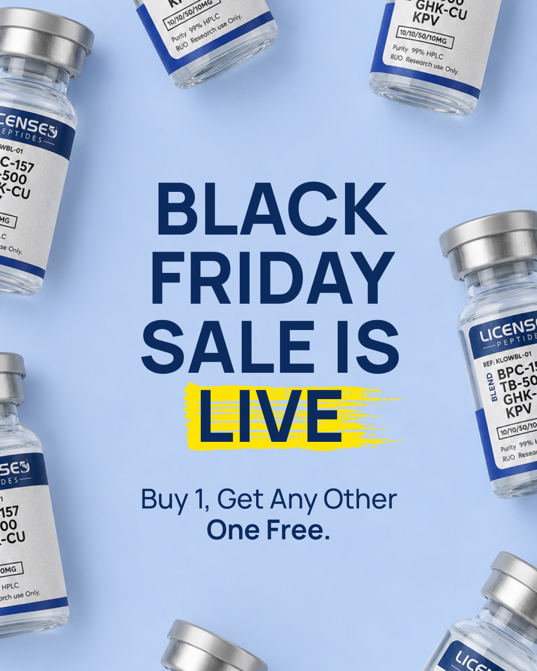 Licensed Peptides Facebook ad: 2 FOR 1, PICK ANY VIAL FREE