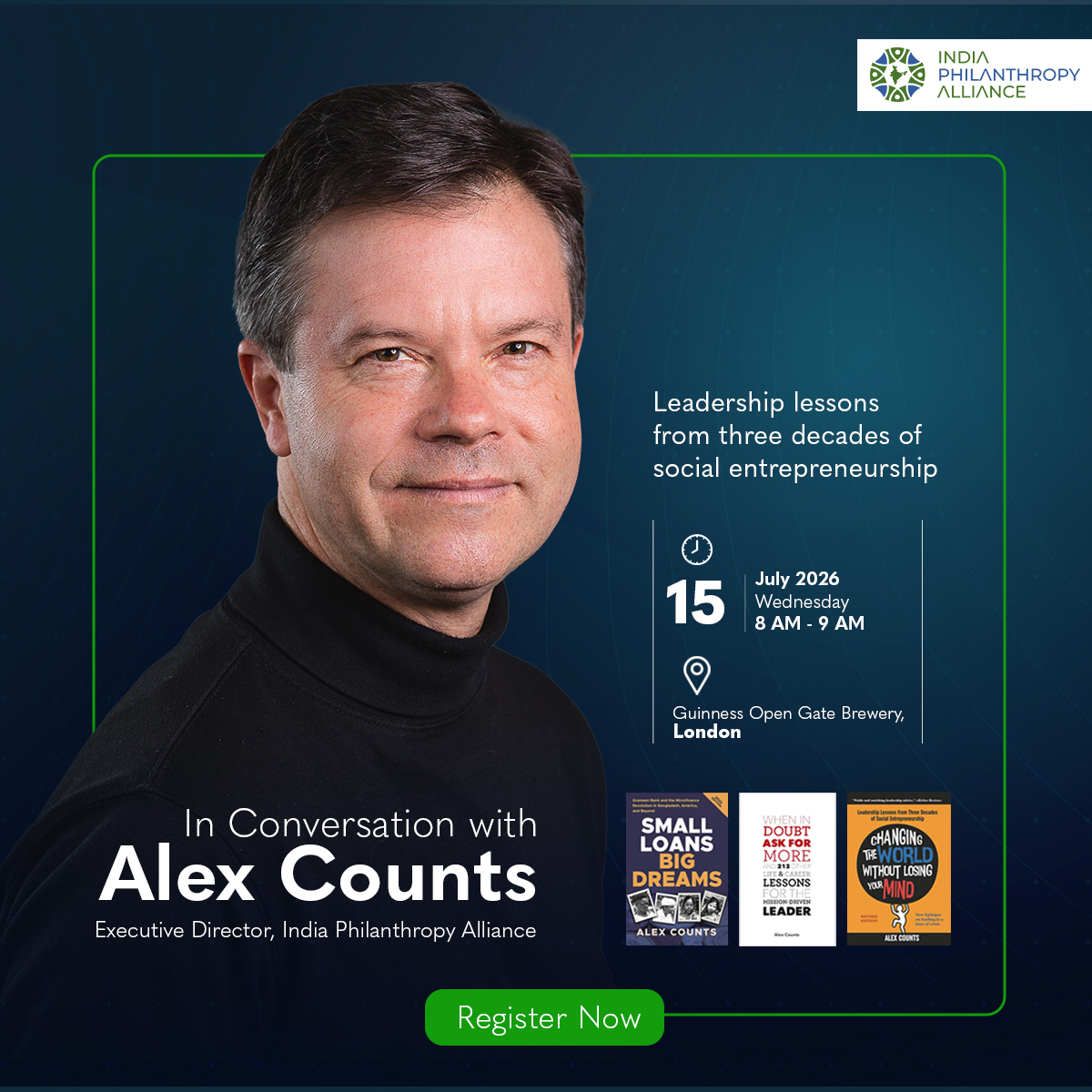 India Philanthropy Alliance Facebook ad: Morning Talk with Alex Counts · Luma