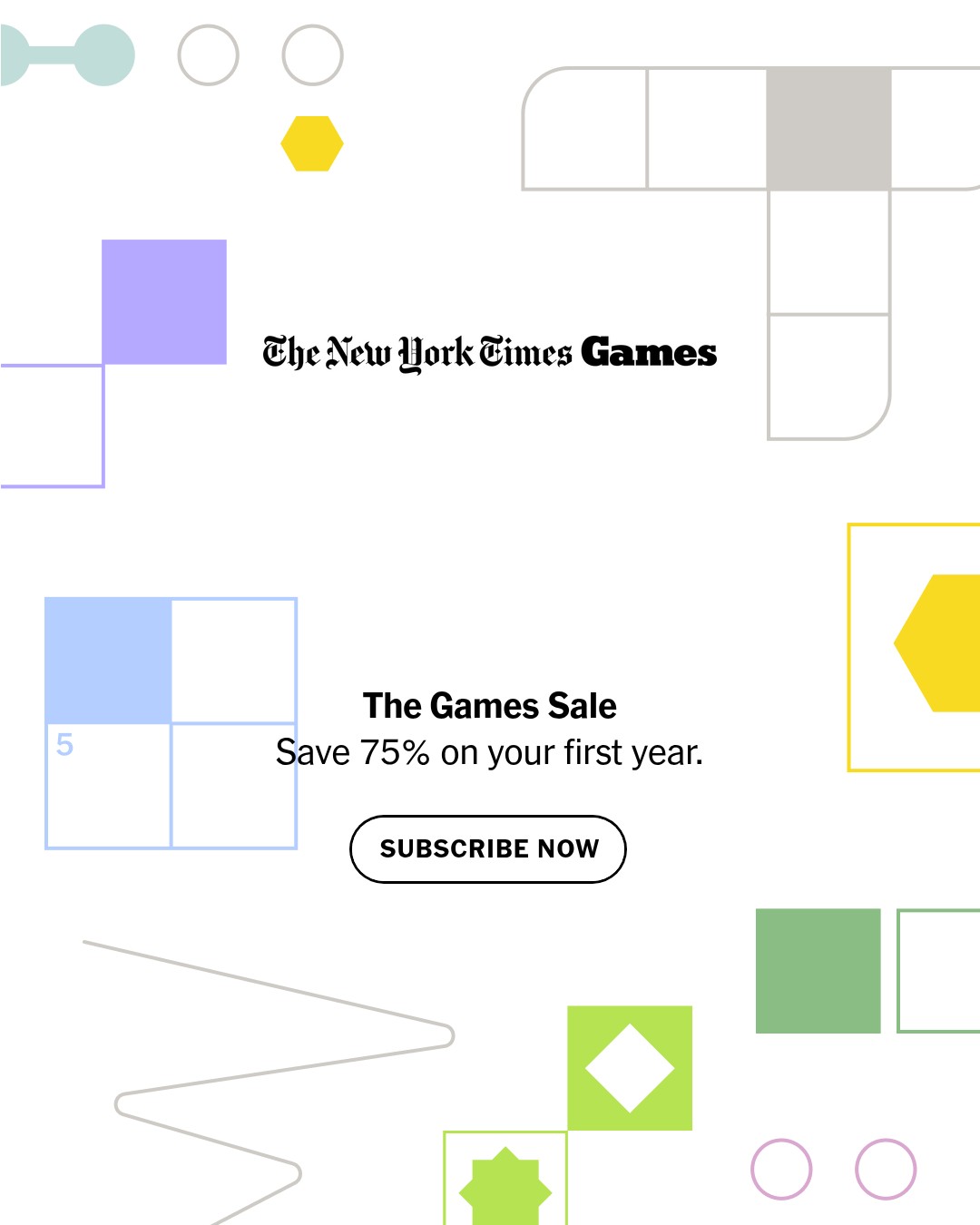 The New York Times Facebook ad: NYT Games: Save 75%.