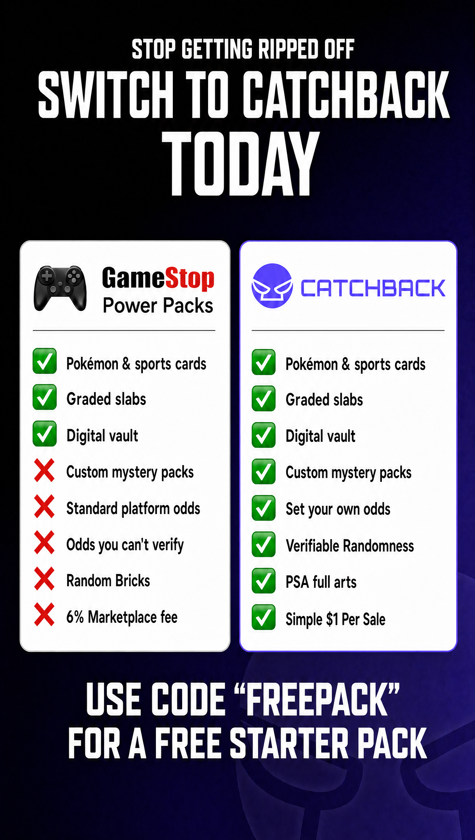 CatchBack Cards Facebook ad: Catchback Cards, rip digital packs with guaranteed buyback.