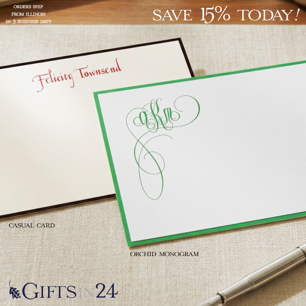 Gifts in 24 - Personalized Stationery and Custom Printed Gifts Facebook ad: Now 15% Off-Your Signature Look Starts Here